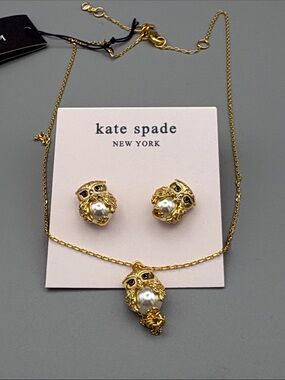 kate spade Gold Owl Pearl Pendant Necklace with Matching Studs